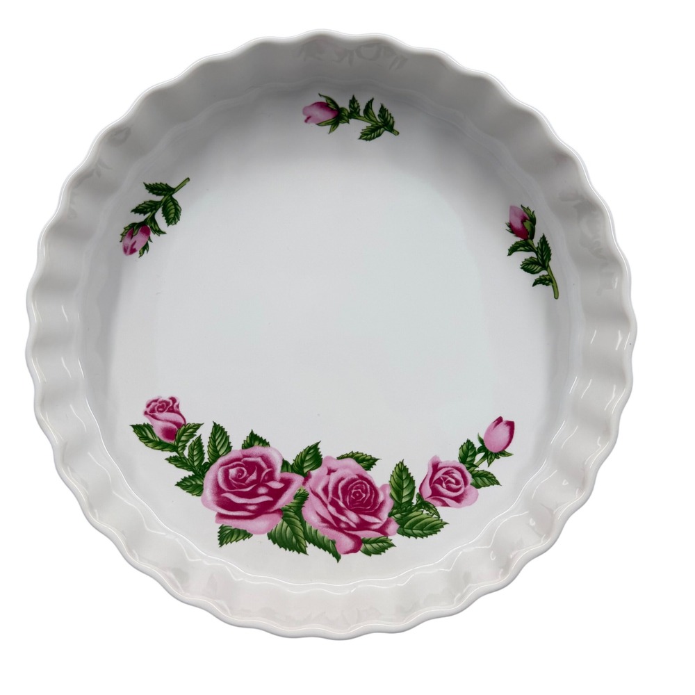 Christineholm Porcelain Quiche Tart Pan Pink Rose Floral Fluted 9 Inch‎ Cottage